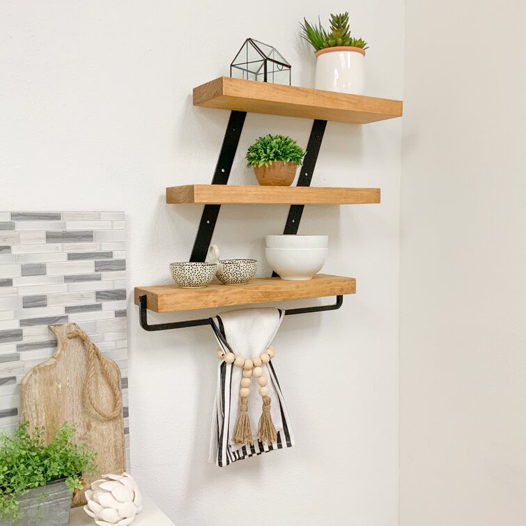 Industrial 3 tier floating shelf with towel discount bar